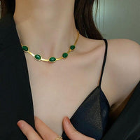 Oval Green Crystal Pendant Necklace Set With Bracelet - Faydekasauda