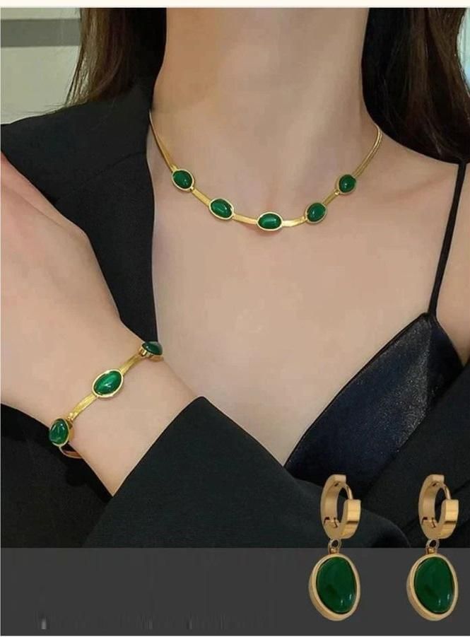 Oval Green Crystal Pendant Necklace Set With Bracelet - Faydekasauda